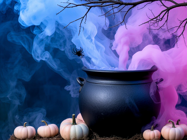An image with a cauldron in the bottom left of the image that has thick blue and pink smoke and bubbles coming out of the top. Add a couple of stacks of pastel blue and pink pumpkins around the cauldron. Make some of the smoke swirl around the cauldron. In the top of the image add tree branches with a spider web.
