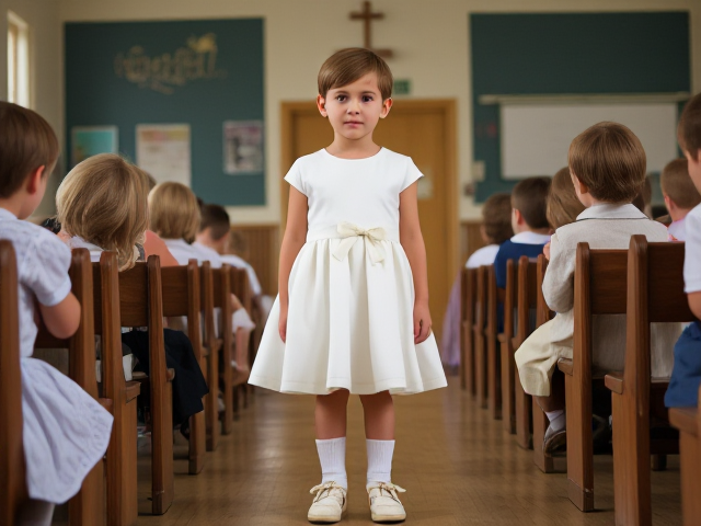 A Sunday school, with a 11 year old thin bored boy standing, wearing a pretty white dress with a bow stash around the waist. Frilly ankle socks and white Mary Jane shoes.
