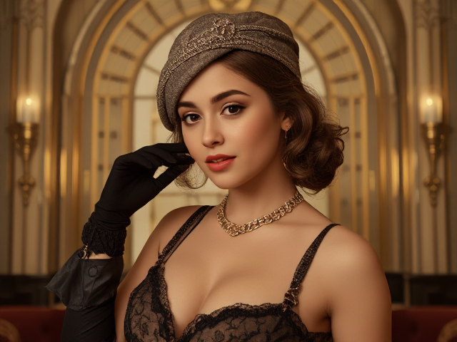 Ariana Grande styled in 1930s fashion, wearing vintage clothing, set against an Art Deco background, with soft lighting and a sepia tone effect