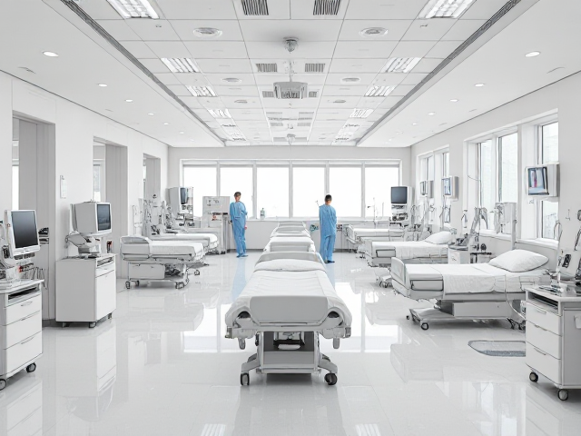 Salle numéro 4 d'un hôpital moderne, bien éclairée avec une lumière claire, équipement médical sophistiqué et high-tech, lits bien rangés et alignés, murs blancs immaculés et propres, sols impeccables, fenêtres panoramiques, mobilier ergonomique, personnel en uniforme médical