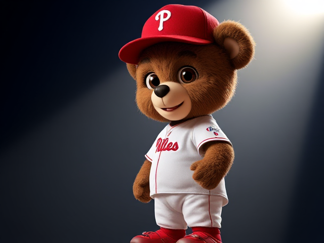 A short sticky human teddy bear brown fur brown eyes wearing a Phillies uniform red hat white jersey and pants red socks and cleats smiling