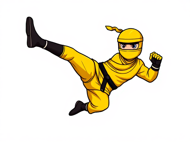 cartoonish 8 bit yellow ninja jump-kicking against a blank white background