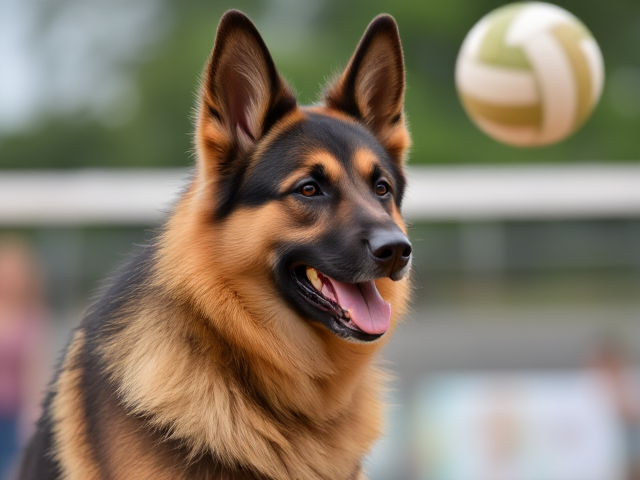 A female anthropomorphic German shepherd volleyball player