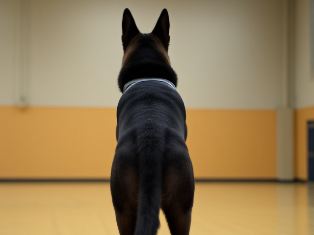 Anthropomorphic black German shepherd, standing tall with broad shoulders and wide hips, wearing a gymnastics leotard in a gymnasium, detailed fur texture