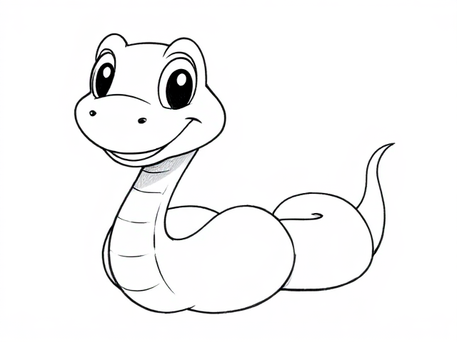 A high-quality, clear sketch of a happy cartoon-style snake with clean and bold outlines, featuring large expressive eyes and a friendly smile. The snake is coiled playfully in a full body view and is set against a plain white background. The image is designed for a children's coloring book with no shading or colors. The lines are smooth, continuous, and thick enough for easy coloring. There are no shadows or additional textures.