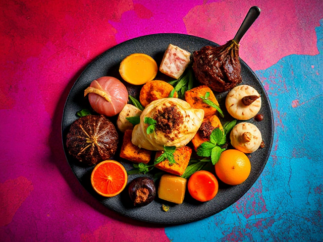 Delicious gourmet cuisine artfully arranged on a vibrant, colorful backdrop, showcasing intricate details and rich textures, emphasizing elegance and creativity