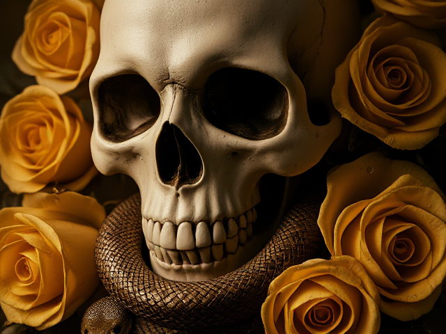 skull with a snake weaving through eye sockets and jaw, detailed scales on the snake, surrounded by intricate golden roses with dewdrops, soft ambient lighting, rich shadows, hyper-realistic textures