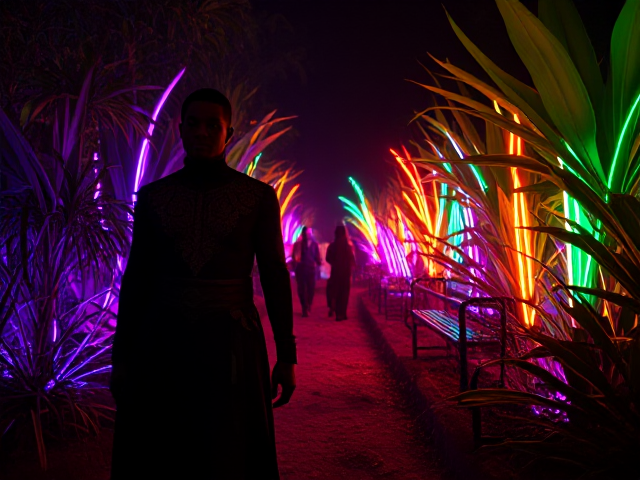 A dark knight of color and ancestry to African walking along side with another to the a garden of being neon