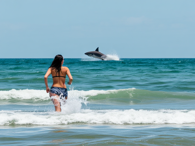 Woman running in the ocean looking in the distance while a shark jumps
