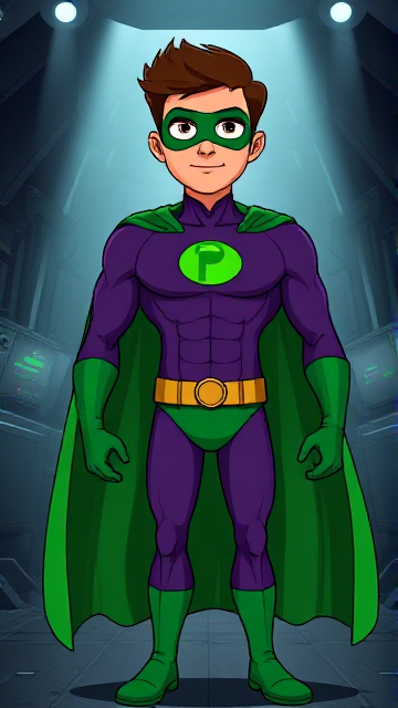 Cartoon scene: A young, Autistic 25-year old boy with light skin and flat, smooth, and slick brown hair named T.J. Granger, but transformed into a genetically-altered superhero named Powerman, who, despite still being a young adult kid, has an extremely muscular body. He wears a sleek purple suit with a green P symbol on his chest, a gold belt with a circular buckle, green briefs, green boots, green long-cuffed gloves, a really big, toe-length long, ultra-wide green cape wreathed around his neck, and a green eye mask that protects his true identity. He also has incredible and invincible superpowers flowing through his veins. In this scene, Powerman is currently standing in his secret high-tech underground lair, awaiting a call on the supercomputer from his masters about his next mission.