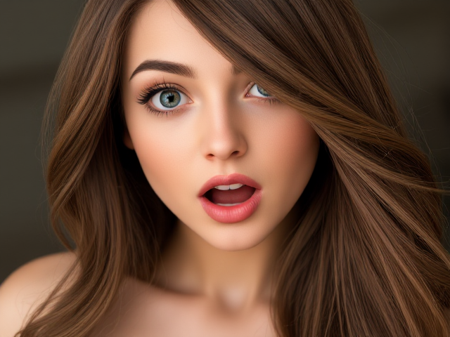 a hi res photorealistic beautiful woman, long brown hair swept back, eyes wide and mouth open.