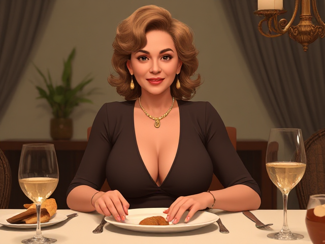 a very busty 50 year old gorgeous woman with a pear necklace and plunging blouse is setting the table.