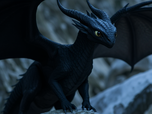 Darkstalker had ebony black scales and dark midnight-black wings, appearing as almost a pure NightWing except for a line of icy, white, silvery IceWing scales where his wings met his body, which Clearsight described to be cold when touched. He had one silver teardrop scale on the outward corner of each of his dark eyes, which indicated that he was a mind reader, and he had eyes that were as black as underground caverns. He had a narrow, handsome face, long, twisted horns, and was, after re-emerging from Agate Mountain, enormous, at least three times as tall as the largest living dragons. His huge wingspan was as wide as Agate Mountain, and he had a very long neck. He wore a plain, white, half-hoop earring made of bone in his left ear. He was handsome and powerfully built, with scales that felt as hard as armor due to his enchantment. He moved slowly and purposefully and spoke in a cavernous, booming, low rumble