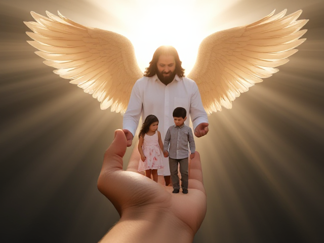 God holding family in His hand, we don't see the face of God, it is covered in light, but we do see God's wings over family, protecting them. Epic image.