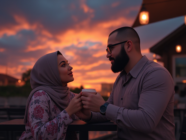 A romantic scene at an outdoor café during a vibrant sunset, featuring a bald young Muslim man with a bushy beard, wearing black-framed eyeglasses, snuggling his hijabi wife who is wearing a flowing, floral dress, while the man is dressed casually in a button-up shirt. They gaze into each other’s eyes, holding hands around a coffee cup. The sky is filled with dramatic, warm-toned clouds, and soft lanterns illuminate the scene, adding a cosy, intimate ambiance. The art style is realistic with a warm colour palette, capturing the soft lighting and detailed textures to convey a dreamy, romantic atmosphere.