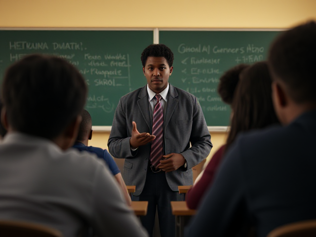 Un enseignant afro américain au milieu d'élèves afro-américains dans une salle de classe, ambiance studieuse et chaleureuse, tableau noir avec écriture visible, lumière naturelle entrant par la fenêtre