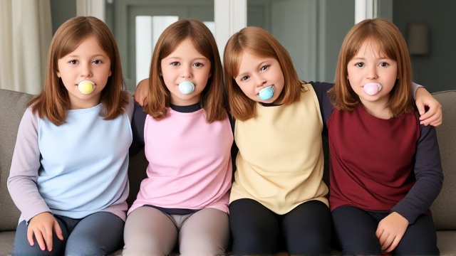 Quatre filles adolescentes aux cheveux lisses et dégagé et de différentes couleurs a l'avant assis dans un canapé avec des grands bavoirs simple de différentes couleurs et des tétines en bouches elles sont en tee-shirts manches longues de différentes couleurs foncées que les Bavoirs et avec des pantalons elle se font un gros câlin et il y a une grande fenêtre derrière le canapé