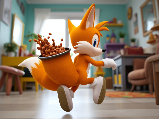 A side shot of A young and adorable depiction of a smaller, younger version of Miles "Tails" Prower the two tailed fox wearing gloves and white socks. He is running through a brightly lit, colorful house with playful decorations and furniture, carrying a GIANT pot of baked beans that he totally didn't steal. Beans are splashing out of the pot as Tails mischievously looks behind him to ensure he isn't being chased. His two fluffy tails are flowing behind him dynamically, adding to the sense of motion and excitement in the scene. His butt is prominent and primed for the gassy joyful experience he will soon be having