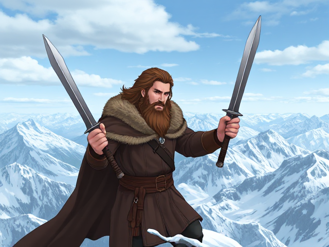 A Viking with medium brown hair holding two dual wields Viking daggers, he’s in the snow ontop of a giant mountain looking down, he has a Viking cloak over his head, anime