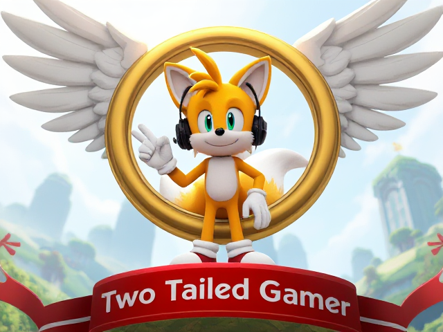 A close up of Miles Tails Prower the Two Tailed Anthropomorphic fox standing in a depiction of a zone that closely resembles the iconic Green Hill Zone from the Sonic the Hedgehog video game series. In the center is a giant gold ring with large angel wings on either side. Miles "Tails" Prower is standing inside the ring, leaning on one side while wearing a gaming headset. Tails is giving a peace sign with his hand. Underneath the ring is a red and white banner with the words "Two Tailed Gamer" on it