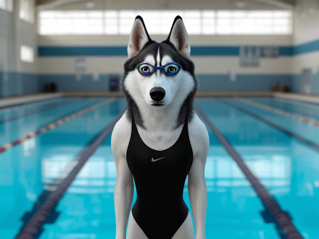A tall anthropomorphic Siberian husky with a long torso and broad shoulders wearing a high cut Nike one piece swimsuit and swimming goggles at a high school swimming pool