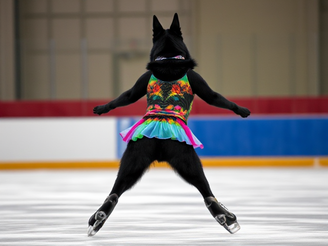 Anthropomorphic black German shepherd wearing a colorful leotard, gracefully ice skating on a rink, showing dynamic movement and expression