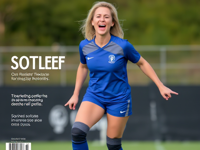Full body picture of a forty-something blonde woman soccer player in blue and grey uniform with thigh-high socks and knee pads howling in laughter on a magazine cover