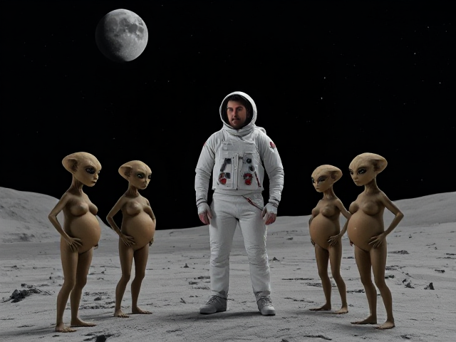 A group of Small, pregnant female aliens with annoyed expressions, hands on their hips, looking up at a tall astronaut man standing in front of them. The tall man is looking down at her, set on the moon with alien eggs visible