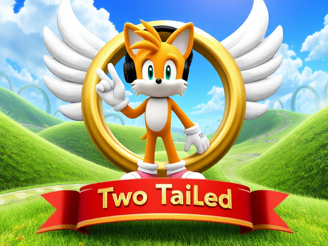 A detailed and vibrant close-up depiction of a zone reminiscent of the iconic Green Hill Zone from the Sonic the Hedgehog video game series, featuring lush green grass, checkered soil patterns, loop-de-loops in the background, and bright blue skies with fluffy clouds. In the middle is a giant gold ring with big angel wings on its sides, shimmering in the sunlight. Miles "Tails" Prower stands inside the ring, leaning on one side of it while wearing a sleek modern gaming headset. Tails is giving us a peace sign with his hand, his fur appearing detailed and vibrant. Tails has his back slightly facing us, showing off his twin tails swaying gently. Below the ring is a red and white banner with "Two Tailed Gamer" written on it in bold letters
