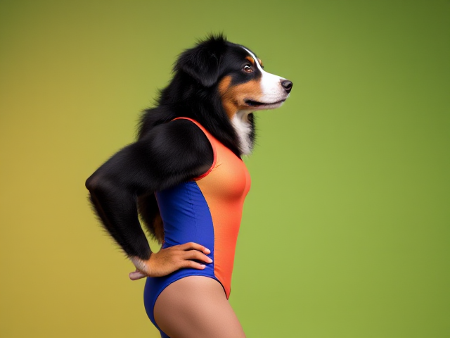 Anthropomorphic Bernese mountain dog with strong hips, wearing a colorful gymnastics leotard, in an athletic pose, vibrant background