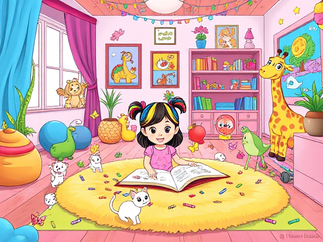 Create a vibrant and enchanting cover for a toddler's coloring book that depicts a magical playroom. The scene should feature a lively cartoon girl with colorful hair, joyfully surrounded by a variety of adorable cartoon animals. She is sitting on a fluffy, oversized rug, with crayons scattered around her, eagerly coloring in a large picture book filled with fun illustrations. Playful kittens in a rainbow of colors are chasing after colorful butterflies fluttering through the air, while a friendly puppy with big, sparkling eyes peeks out from behind a cozy bean bag chair. In one corner, a cheerful giraffe is playfully poking its head through the window, looking curiously at the girl. The walls should be decorated with bright, imaginative artwork and posters of friendly dinosaurs, whimsical trees, and stars. Add colorful shelves filled with toys, books, and plush animals, creating a warm and inviting atmosphere. The entire design should be bursting with bright colors, playful characters, and a sense of adventure, making it irresistible for children and their parents, and inspiring a love for creativity and exploration.