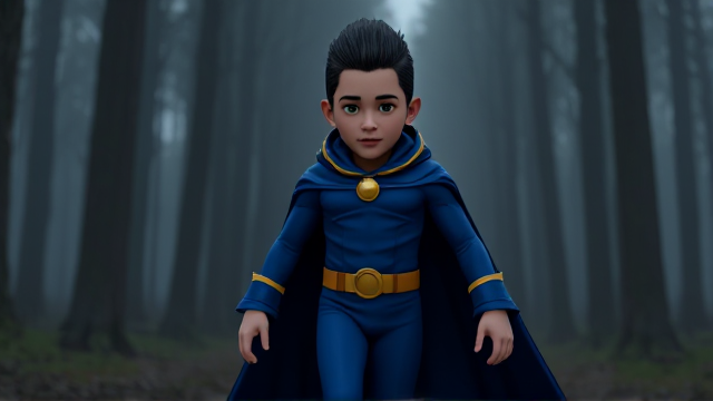 3D Video Game Cutscene: A preteen 12-year old boy with light skin and freckles on his cheeks named Kyle Lipton, but transformed into a superhero named Dr. Dimensionpants, who, despite still being a kid, has an extremely muscular body. He wears a tight blue hood outlined by a yellow line that covers the back half of his head and leaves his ears exposed, with a smooth, slicked back black mohawk on top. He also wears a sleek blue bodysuit outlined with yellow lines on the cuffs of the sleeves and pants, a golden belt with a circular buckle, black boots, and a really big, heel-length long, ultra-wide blue cape with a really big collar outlined with yellow lines wreathed around his neck held up by a golden button. The pupils in his eyes are green, and he has a long black twin moustache. He also has incredible, invincible, and cosmic superpowers flowing through his veins. He is currently walking through a dark, foggy forest, searching for a lost citizen to rescue as he keeps his guard up for anything that could attack him at any moment,
