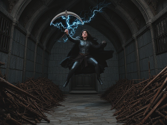 Create an oil painted image of a dark knight wizard leaping into the air in a dungeon jail crypt, his features highlighted by the glow of a scythe formed entirely of crackling lightning in her grasp. The intricate details of the stonework around her hint at the sinister nature of this place. Piles of decaying, rotting skeletons scatter the ground, displaying the grim end of those who attempted escape. Heaps of rusted swords, discarded by fallen warriors, gleam ominously in the scant light. The scene is silent, except for the sound of the knight's exultation echoing against the stone walls.