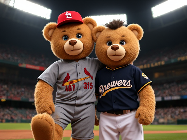 A human teddy bear tan fur blue eyes wearing a cardinals uniform red hat grey jersey grey pants with dirt on his left knee and chest and thighs posing with another human teddy bear beige fur wearing a brewers uniform navy hair navy jersey white pants dirt on his uniform posing in a minor league stadium