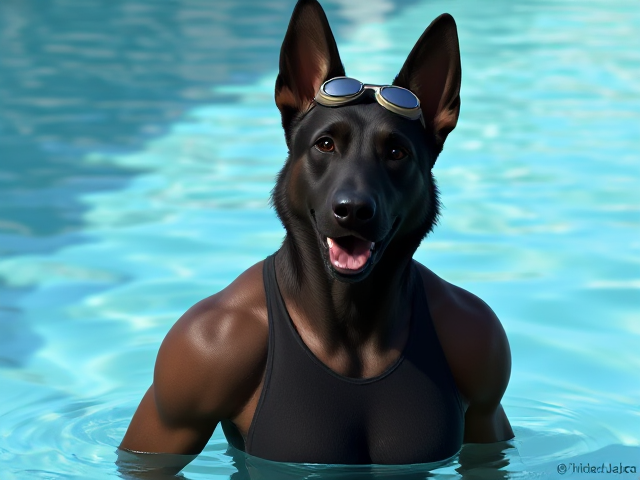 A anthropomorphic black German shepherd with a long torso and broad shoulders wearing a one piece swimsuit and swimming goggles