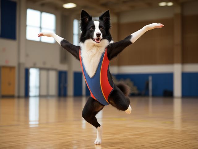 Anthropomorphic border collie performing gymnastics in a colorful leotard, inside a gymnasium setting, dynamic pose