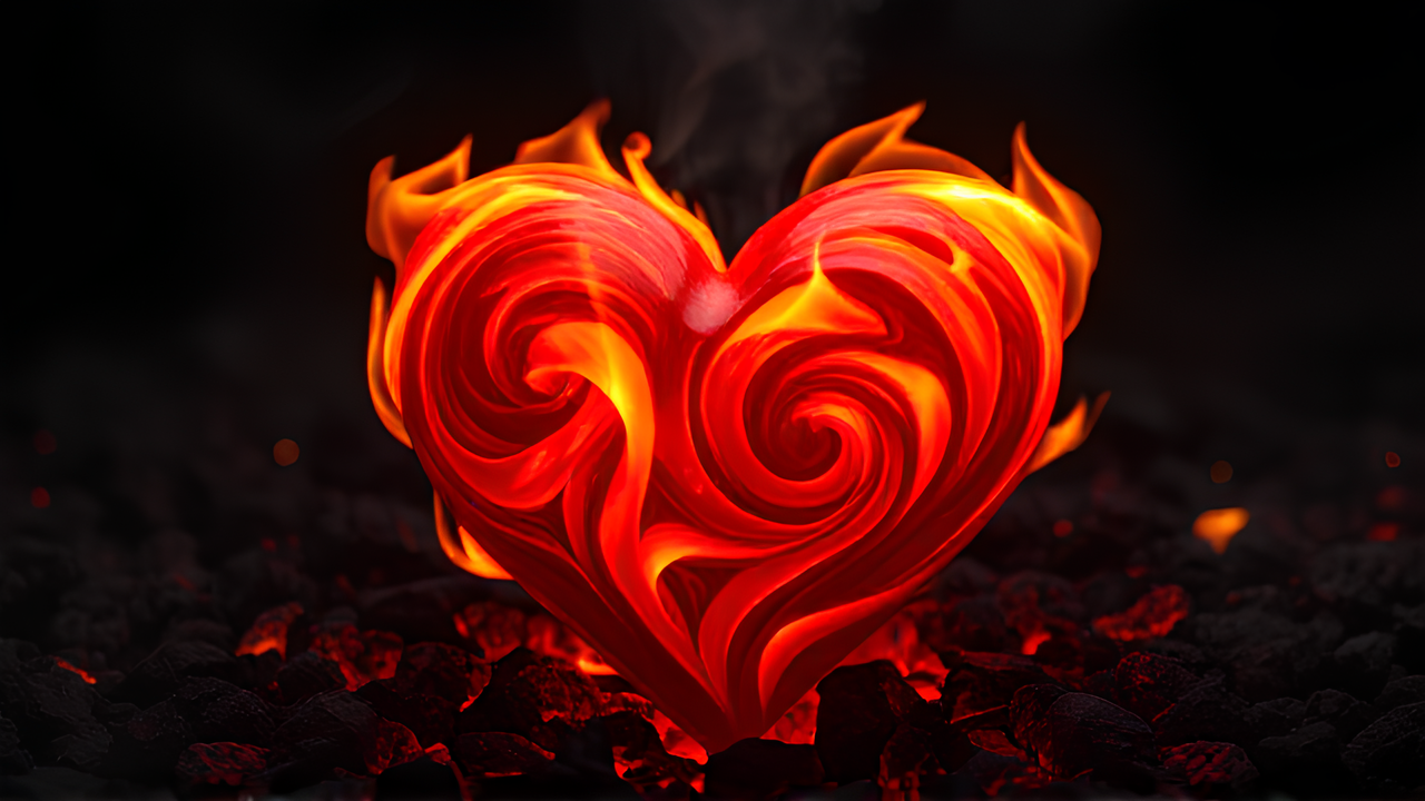 Symbol of passion: a flaming heart, intricately designed with vibrant reds and oranges, engulfed in gentle swirling flames. The heart is placed on a bed of glowing embers, symbolizing intense emotion. Background: a dark, smoky atmosphere with hints of ash floating in the air. Style: surrealism with hyper-realistic details. Lighting: dramatic, highlighting the fiery heart and casting shadows around it. Camera position: close-up view from slightly above to emphasize the heart's textures and depth
