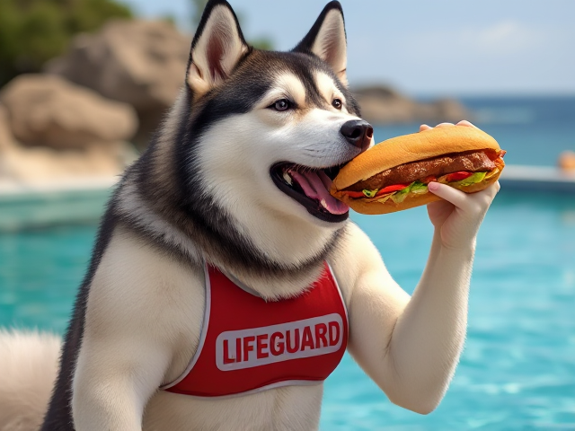 A anthropomorphic Alaskan malamute wearing a lifeguard one piece swimsuit eating a sub sandwich