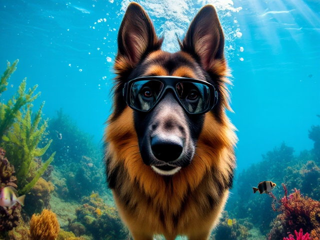 Long-haired German shepherd with intricately detailed fur pattern, wearing sleek and modern freediving goggles with mirrored lenses, submerged in a vibrant underwater scene filled with bubbles of various sizes and a variety of colorful aquatic plants including kelp and coral reefs, illuminated by shafts of sunlight filtering through the water surface, small schools of tropical fish swimming around