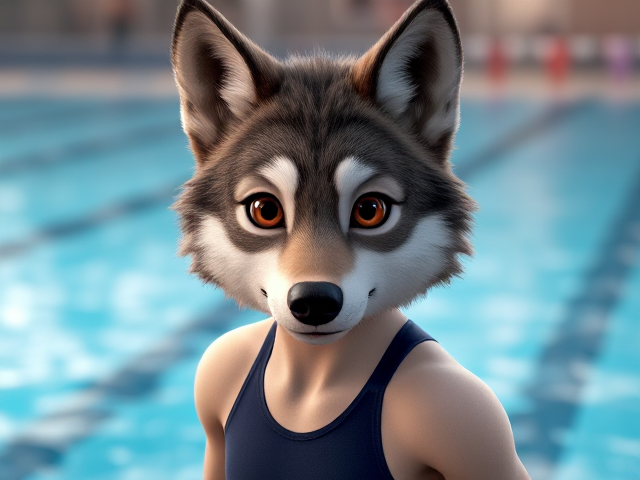 A wolf Olympic swimmer wearing a one piece swimsuit