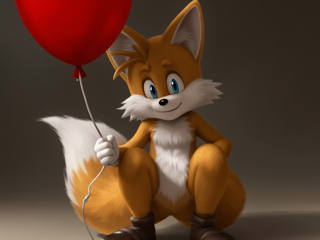 Tails the Fox holds a red balloon and his knees knock inwards SEGA
