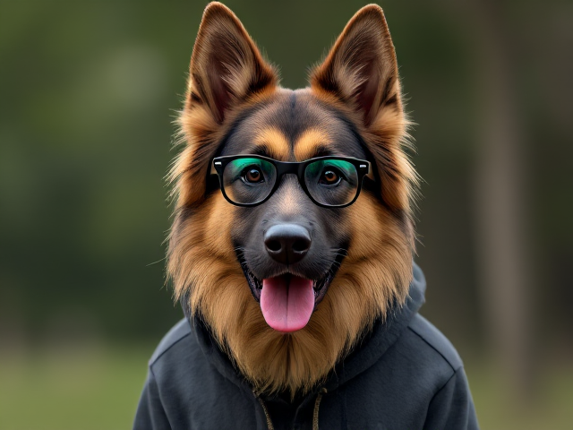 A anthropomorphic long-haired German shepherd wearing a hoodie, glasses, and leggings
