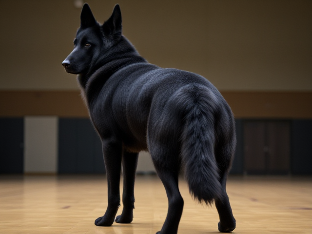 Anthropomorphic black German shepherd, standing tall with broad shoulders and wide hips, wearing a gymnastics leotard in a gymnasium, detailed fur texture