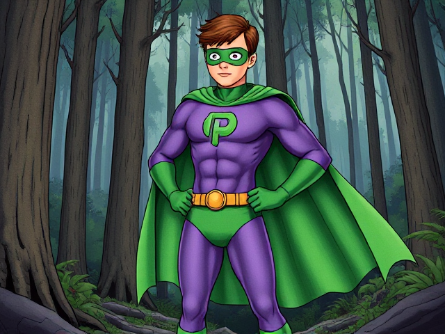 Dramatic Comic Book scene: A young, Autistic 25-year old boy with light skin and flat, smooth, and slick brown hair with a singular curled bang in the shape of a P sticking out at the front named T.J. Granger, but transformed into a genetically-altered superhero named Powerman, who, despite still being a young adult kid, has an extremely muscular body. He wears a sleek purple bodysuit with a green P symbol on his chest, a golden belt with a circular buckle, green briefs, green boots, green long-cuffed gloves, a really big, toe-length long, ultra-wide green cape wreathed around his neck, and a green eye mask that protects his true identity and also causes his pupils to magically disappear as his eyes glow an eerie white. He also has incredible and invincible superpowers flowing through his veins. In this scene, Powerman is currently standing in the forest, ready for action as he waits intently for his Super Hearing to pick up a distant sound.