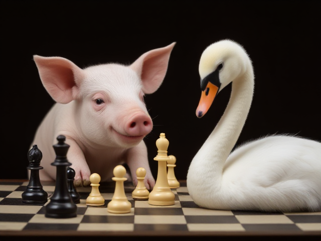 A cute pig and a baby swan playing chess