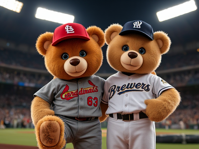 A human teddy bear tan fur blue eyes wearing a cardinals uniform red hat grey jersey grey pants with dirt on his left knee and chest and thighs posing with another human teddy bear beige fur wearing a brewers uniform navy hat navy jersey white pants dirt on his uniform posing in a minor league stadium