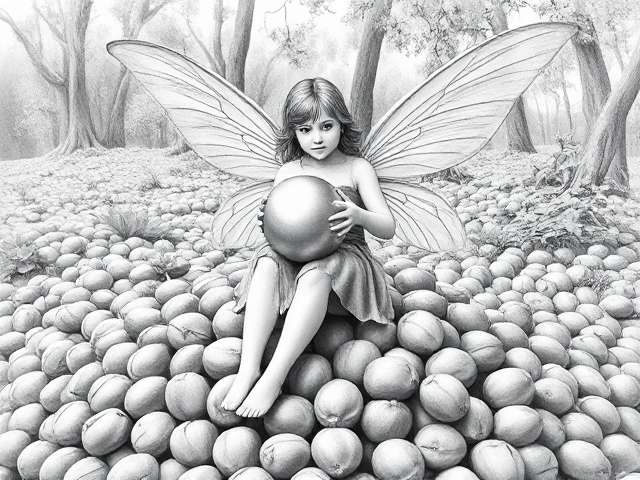 wings relaxed, wearing clothes, Hazelnut garden Fairy sitting on a pile of unshelled hazelnuts, holding a large sphere