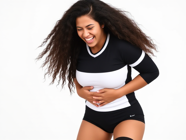 Beautiful semitic volleyball woman with long curly hair and a black and white uniform with thigh high socks bursting out in laughter. Her full body is visible (including shoes) and she is clutching her stomach while she laughs.