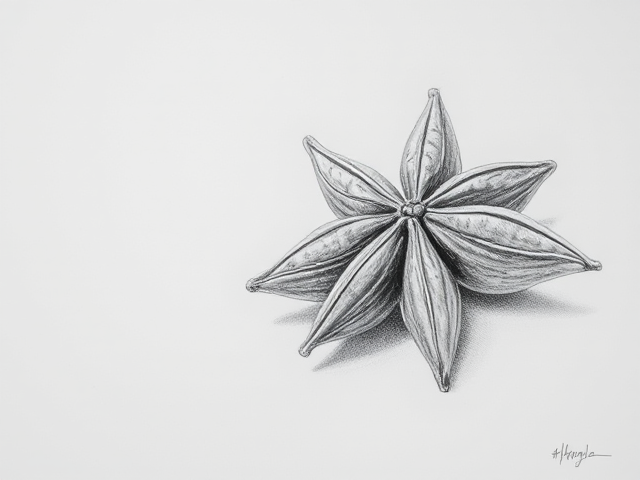 Épice anice étoilé, croquis au crayon gris.
Croquis préparatoire.  lignes de perspective.
Croquis mal fait, ratures, coups de gomme