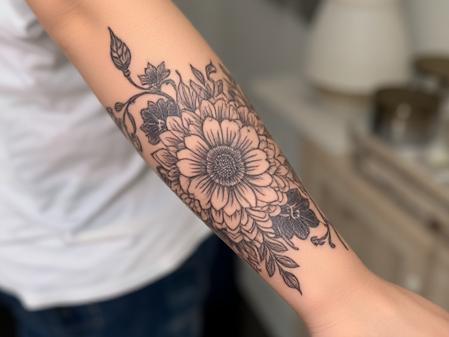Tatouage détaillé sur avant-bras, motifs floraux et géométriques, encre noire, style réaliste